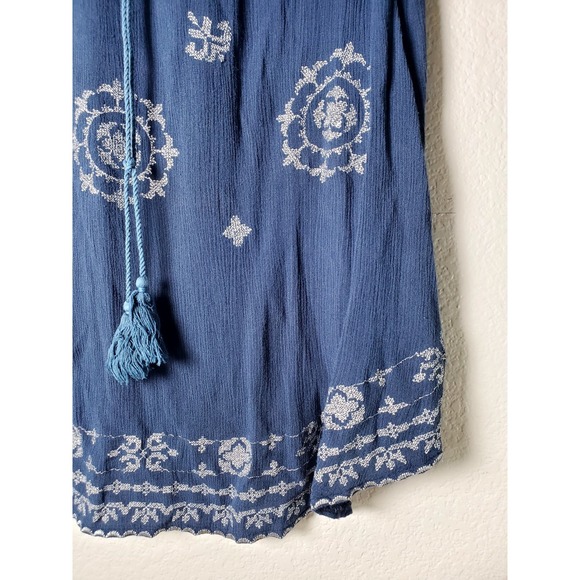 Suzanne Betro Women's 1X Blue Boho Peasant Tunic Top Rayon Tassel Tie - Picture 3 of 6